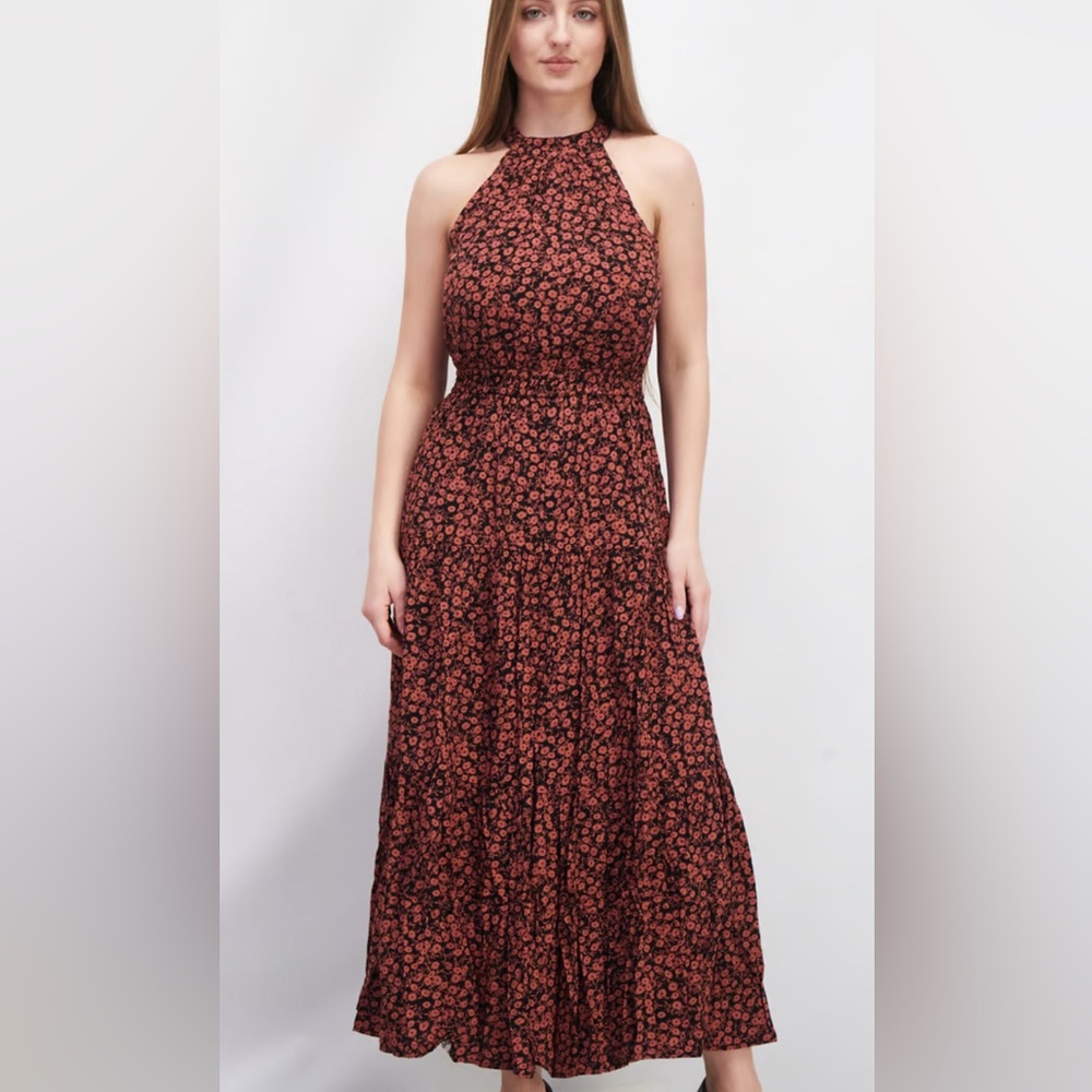 Lost + Wander Halter Style Tiered Ditsy Print Maxi Dress